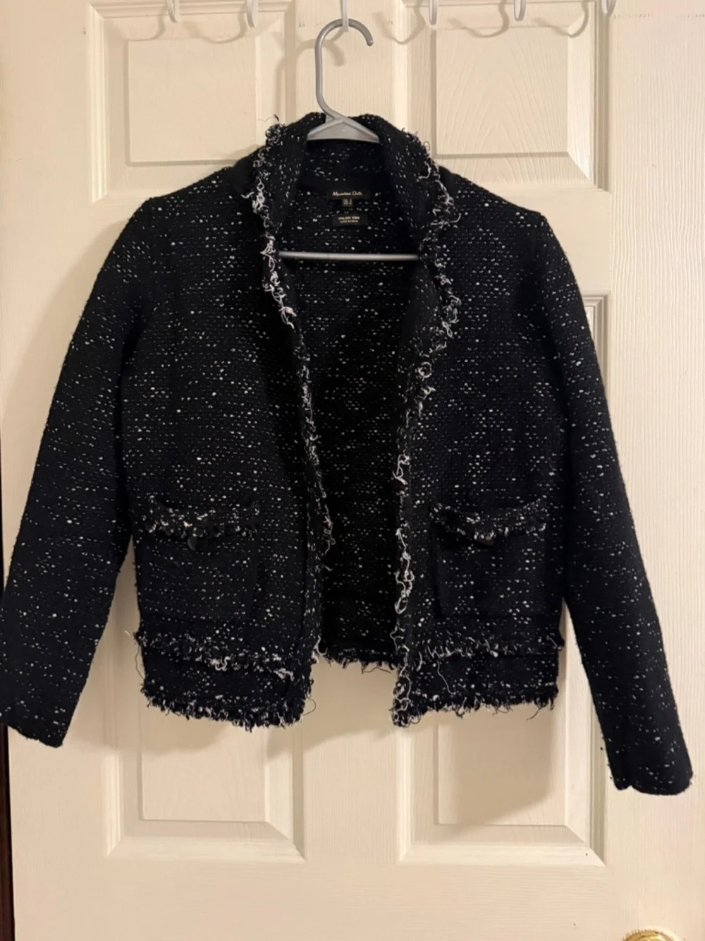 Massimo Dutti Black Bouclé Open-Front Cardigan with Fringe Trim - Picture 1 of 4